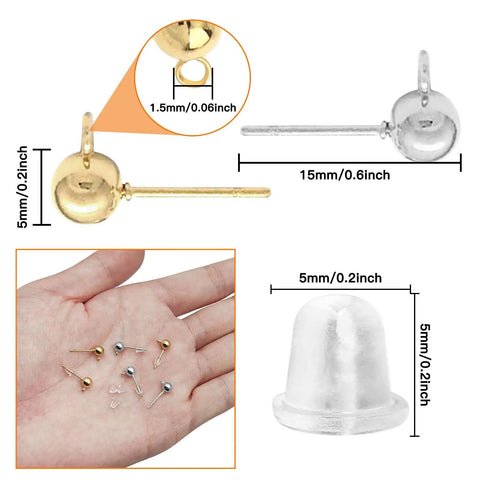 Hypoallergenic Ball Stud Earrings Posts With Loop For Jewelry Making, round gold and clear 5mm posts with 1.5mm loop and backs