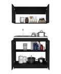 Black Two Piece Cabinet Set With Integrated Countertop Versatile Storage Solution For Bathrooms And Kitchens with organized shelves and sink.