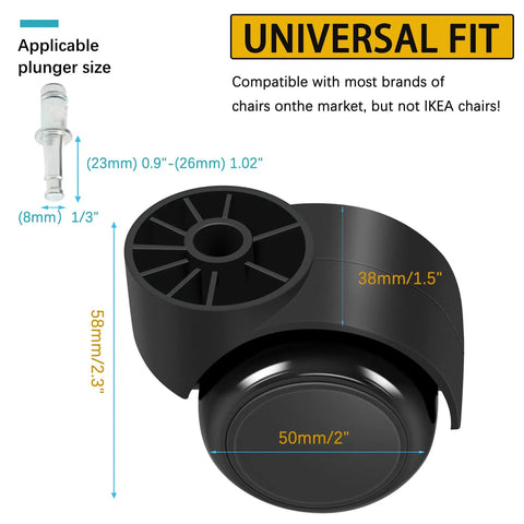 2 Inch Black Silent Chair Wheel Replacement Set, Stemless Casters For Office Furniture, Quiet Glide, No Squeak, 58mm height