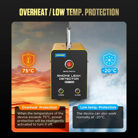 Pro Grade EVAP Smoke Tester for Cars with Built In Air Pump, showing temperature protection features at 75°C and -20°C.
