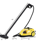 Heavy Duty Hardcore Steam Cleaner 1500W Straight Up Chemical Free Deep Cleaning Beast With Large Tank Child Safety Lock Auto Shut Off and Tough Carpet Tile Sanitization, 43 inches with black handle and yellow unit.