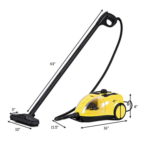 Heavy Duty Hardcore Steam Cleaner 1500W Straight Up Chemical Free Deep Cleaning Beast With Large Tank Child Safety Lock Auto Shut Off and Tough Carpet Tile Sanitization, 43 inches with black handle and yellow unit.