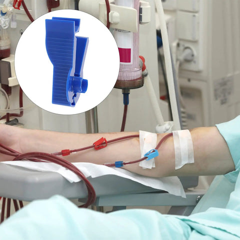 Three Pack Peritoneal Flow Control Clips For Dialysis Tubing And Bag Clamp On The Go Portable ABS Clips in use