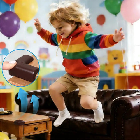 Child jumping near a table with brown 12 Pack Soft Foam Corner Guards For Baby Proofing And Toddler Safety installed.