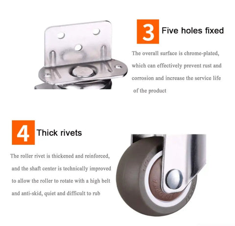 Close-up of Top Shelf Swivel Casters With Brakes And Slick Nylon Wheels for Flower Stands, showing chrome-plated assembly and thick rivets.