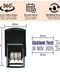 Custom Self Inking Date Stamp Personalized With Your Sign Off For Office And Business Gear Adjustable Date Wheel Stamps Through Twenty Thirty Five Top Shelf Desk Essential Arrives Loaded With Your Fonts And Bold Shades, showing dimensions and design.