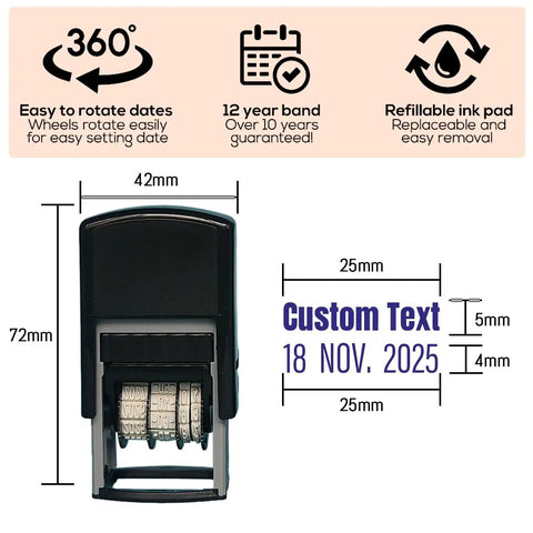 Custom Self Inking Date Stamp Personalized With Your Sign Off For Office And Business Gear Adjustable Date Wheel Stamps Through Twenty Thirty Five Top Shelf Desk Essential Arrives Loaded With Your Fonts And Bold Shades, showing dimensions and design.