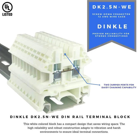 DK2.5N-WE DIN Rail Terminal Block Screw Type White UL 600V 20A, compact size with visible wiring ports and secure connections.