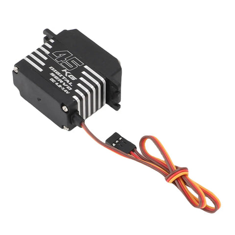 Next Level High Torque Digital RC Servo Motor Featuring Snappy Response And Rugged Steel Gears Built Tough For RC Cars Buggies Drones And Killer Builds at an angle with wires.