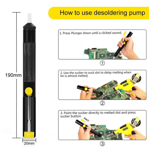 190mm desoldering pump from 60W Automatic Soldering Gun Kit With Ceramic Heater shown with usage instructions for PCB repair