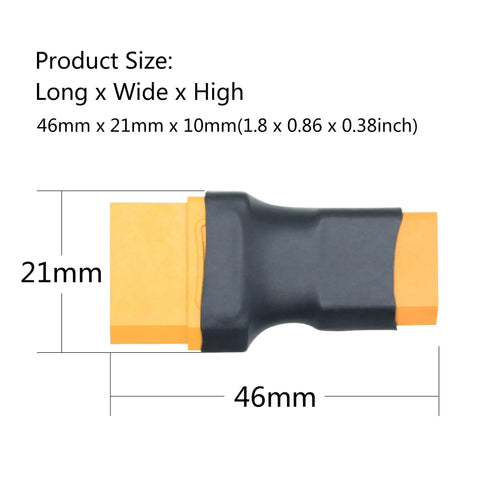 Diagram showing dimensions of Dual XT60 to XT90 Male Connector Converter, 46mm x 21mm, for RC LiPo Batteries and Accessories