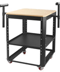 Heavy Hitter Rolling Planer Stand Holding 550 Lb Load Capacity Height Adjustable Miter Saw Table With Extension Rollers, black steel frame, wood top.