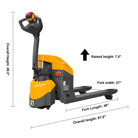 Heavy Duty Apollo Electric Pallet Jack 4400 Lb Capacity Extended Runtime side view, showing ergonomic handle and dimensions.