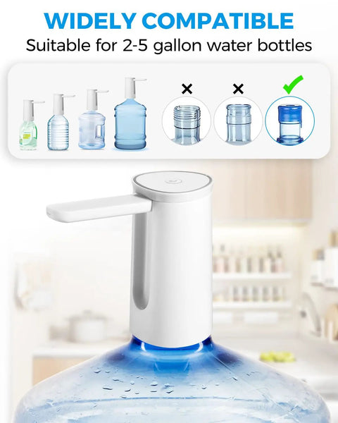 Foldable Water Dispenser for 5 Gallon Bottles With USB Charging and Auto Switch on top of a 5-gallon bottle in a kitchen.