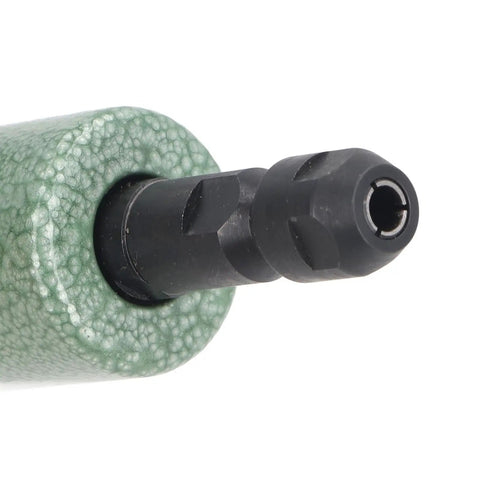 Close-up of Turbocharged 25000RPM Air Die Grinder Pneumatic High-Speed Rotary Tool showing green housing and black attachment.