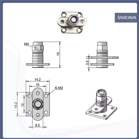 304 stainless steel square torque-control hinge with cross-damping, 1 piece, isometric view