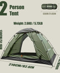 2 Person Ultralight Backpacking Tent For Camping With Waterproof Windproof Build Two Doors Easy Quick Setup Lightweight Instant Tent For 3 Season Outdoor Hiking And Backcountry Trips, green tent with dimensions and folded view.