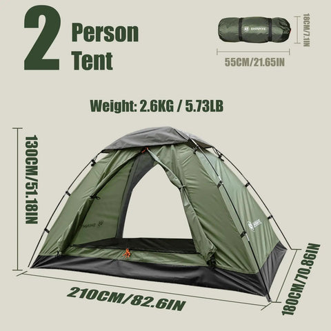 2 Person Ultralight Backpacking Tent For Camping With Waterproof Windproof Build Two Doors Easy Quick Setup Lightweight Instant Tent For 3 Season Outdoor Hiking And Backcountry Trips, green tent with dimensions and folded view.