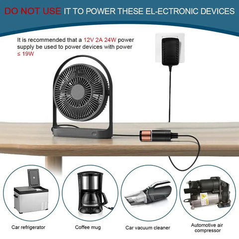 Straight Up Heavy Duty AC DC Converter And Car Cigarette Lighter Adapter showing prohibited devices like fans and kitchen appliances.