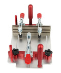 Pro Grade Aluminum Coping Sled For Router Table With Adjustable Clamp showing top view and red handles