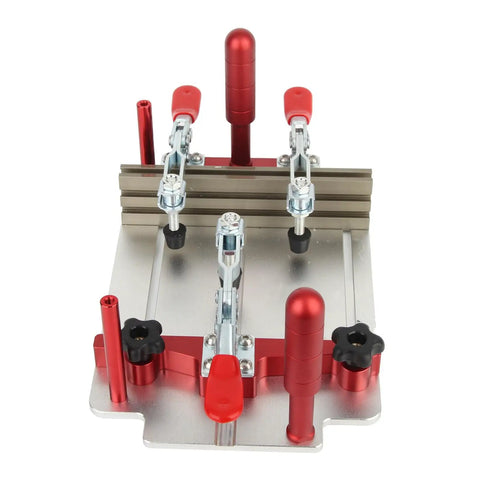 Top view of Aluminum Router Table Coping Sled With Safe Rail System, featuring red grips and clear acrylic dust board on base.