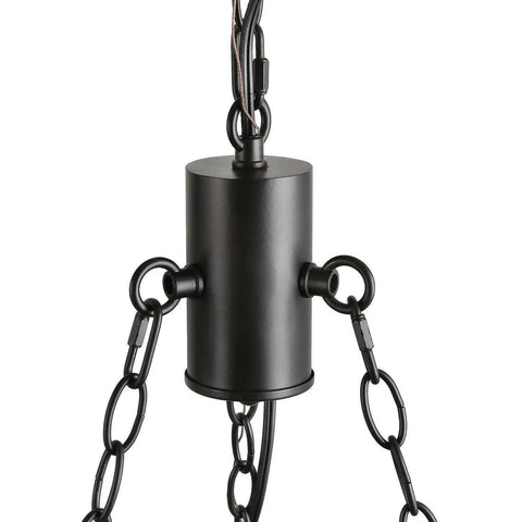 Close-up of chain links on Farmhouse Wagon Wheel Chandelier With Rustic Openwork Round Metal Frame And Natural Rope