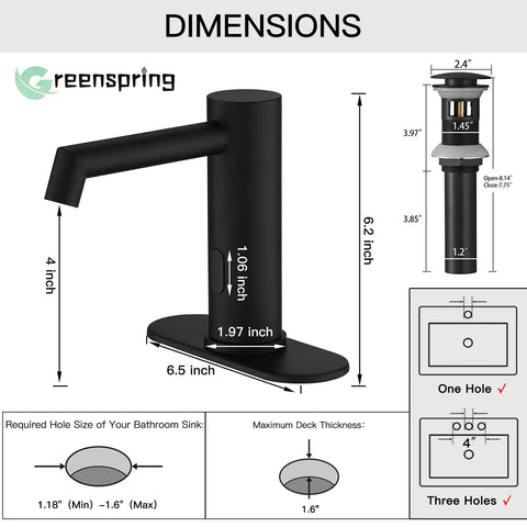 Matte Black No Touch Bathroom Faucet Sensor Powered By Batteries Single Hole Deck Mount For Commercial Sinks No Contact Tap With Pop Up Drain Cover Plate Control Box And Temperature Mixer