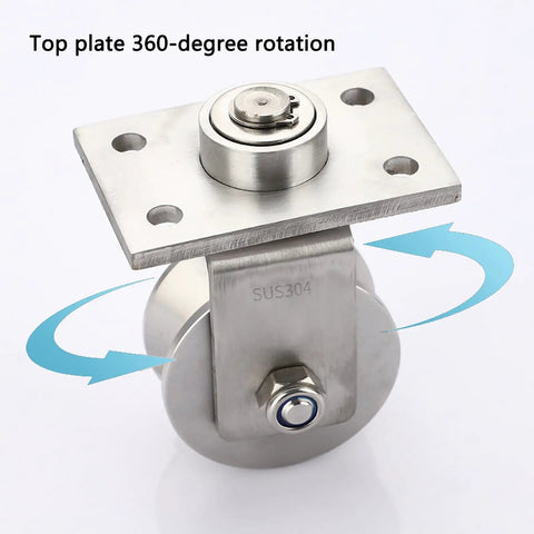 Heavy Duty V Groove Sliding Gate Rollers With Mounting Plate, 3 Inch 304 Stainless Steel Track Wheels with 360-degree rotation.