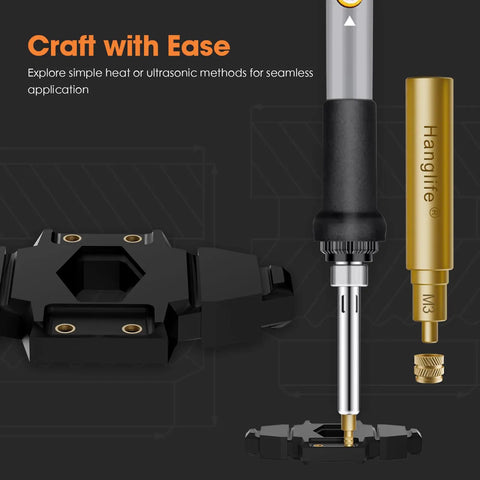 Top Shelf M3 Heat Set Threaded Inserts For 3D Printing Projects And Plastic Reinforcement Featuring Heavy Duty Brass Knurled Threads With No Sweat Soldering Iron Tool And 100 Unit Bundle alongside soldering tool and insert tool.