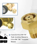 Brass Acetylene Adapter CGA520 to CGA200 for Regulator and Cylinder Fittings close-up view in welding setup