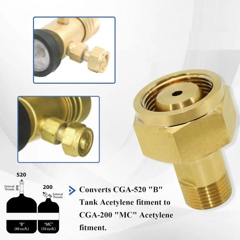 Brass Acetylene Adapter CGA520 to CGA200 for Regulator and Cylinder Fittings close-up view in welding setup