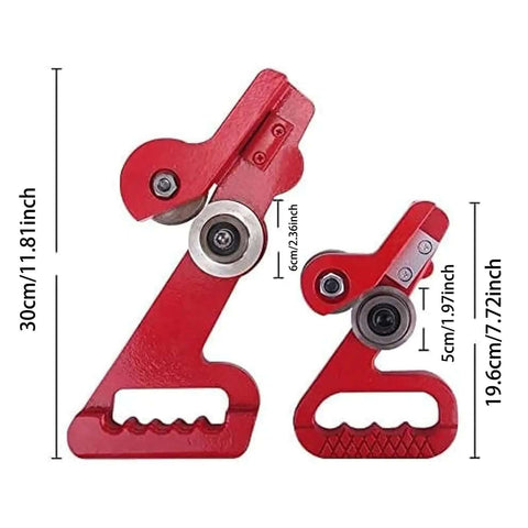 Two Portable Dual Wheel Slitters for Metal and Vinyl Sheets, compact red hand tools shown in 7.72 inch and 11.8 inch sizes.