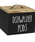 Wooden Dishwasher Pod Caddy With Secure Dustproof Lid, Rustic Farmhouse Countertop Storage Bin For Laundry Room Cleanup, black caddy with wooden lid.