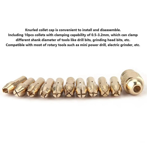Top Tier Rotary Tool Brass Collet Set 3-Pack Featuring Quick Change Chuck With 0.5 To 3.2mm Range And 4.3mm Shank Adapter For Dremel Style Grinders And Polishers showing brass collets in varying sizes.