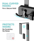 No Drill Over The Door Mop And Broom Holder With Four Slots And Four Hooks Wood Tool Hanger secure hold detail showing dual curved hooks and protective padding for door.