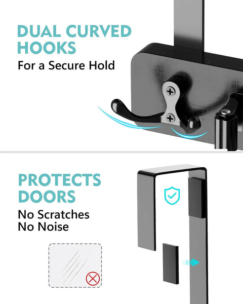 No Drill Over The Door Mop And Broom Holder With Four Slots And Four Hooks Wood Tool Hanger secure hold detail showing dual curved hooks and protective padding for door.
