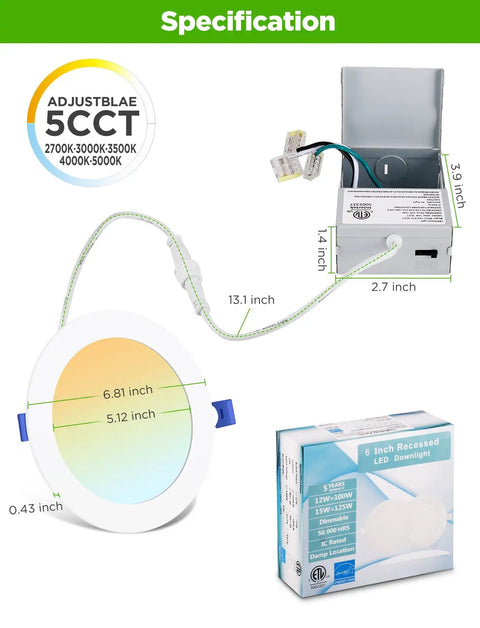 5CCT LED Recessed Canless Ceiling Light Kit 6 Inch Ultra Thin Dimmable 12W 110W Equivalent 1050 Lumen With Junction Box
