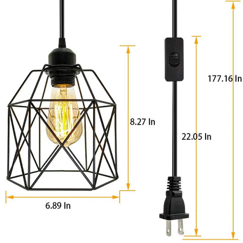 Industrial Plug In Pendant Light With Black Cage Fixture On Off Switch E26 Socket Vintage Farmhouse Hanging Light