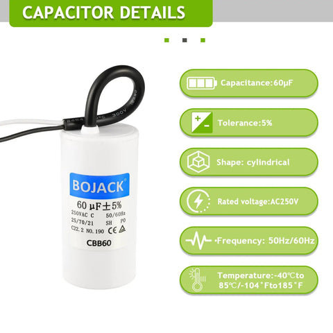 60uF 250V AC CBB60 Motor Run Capacitor Two Wire 50 60 Hz Cylinder Style with product details on a green background