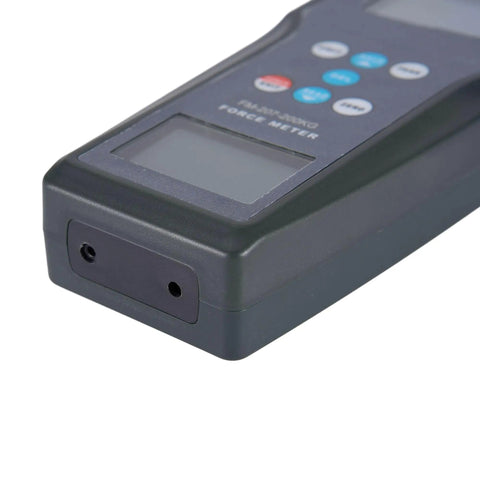 Digital Force Gauge Push Pull Meter With External Load Cell Sensor 1000 kgf Capacity, 9800 N, 2200 Lbf, close-up of display and ports