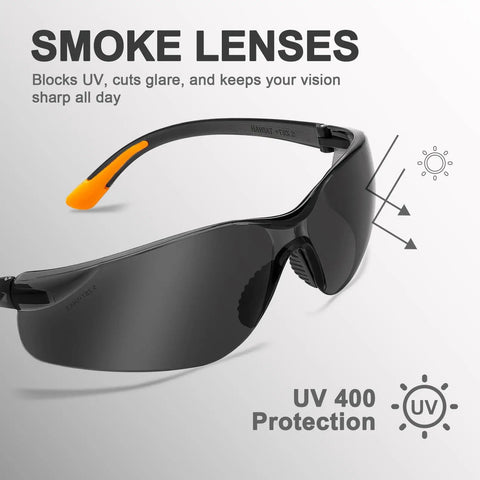 12 Pack Safety Glasses For Men And Women With Anti Fog Scratch Resistant Wrap Around Tinted Smoke Lenses displayed with UV protection icons