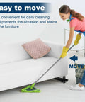 Woman cleaning near couch with extendable appliance rollers for washer and dryer, illustrating mobility and ease of use.