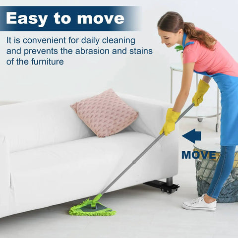 Woman cleaning near couch with extendable appliance rollers for washer and dryer, illustrating mobility and ease of use.