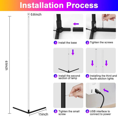 Installation process for Corner Floor Lamp RGB Mood Light With 16 Million Colors And 210 Dynamic Modes, 56.7 Inches Tall