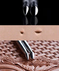 Close-up of Leather Beveling Set Pro Grade Three Piece Undercut Bevelers in stainless steel with carved leather sample