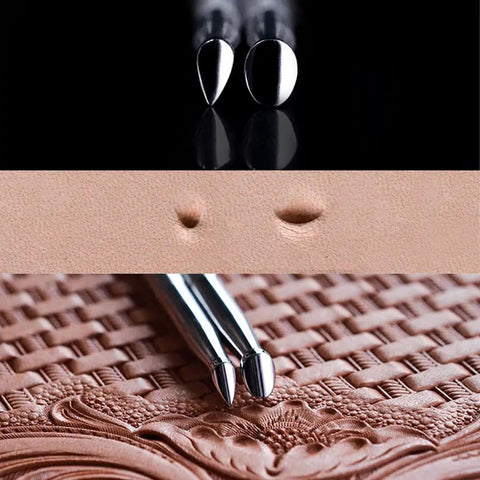 Close-up of Leather Beveling Set Pro Grade Three Piece Undercut Bevelers in stainless steel with carved leather sample