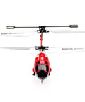 Front view of red Three Point Five Channel RC Helicopter with Gyro for Beginners, dual blades shown, easy to fly design.