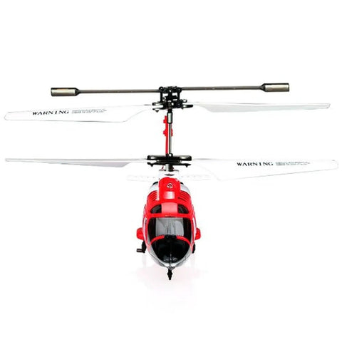 Front view of red Three Point Five Channel RC Helicopter with Gyro for Beginners, dual blades shown, easy to fly design.