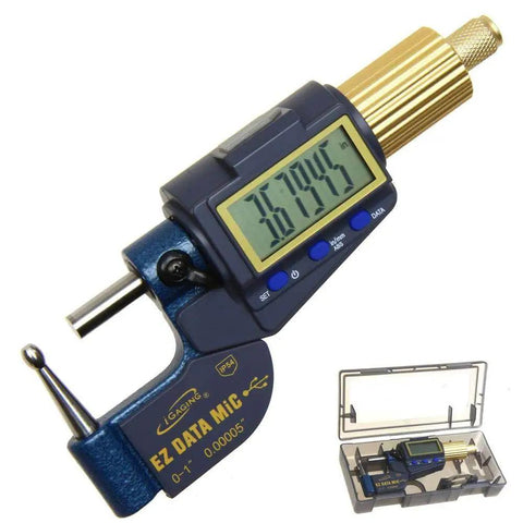 Reloading Micrometer Tube Ball Spherical Anvil 0 To 1 Inch 0.00005 Inch Resolution With Inch And Metric Modes, shown with display and case
