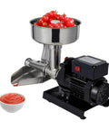 Heavy-Duty Stainless Steel Electric Tomato Press And Sauce Maker With Automatic Strainer For Homestyle Fruit Puree, bowl of sauce.